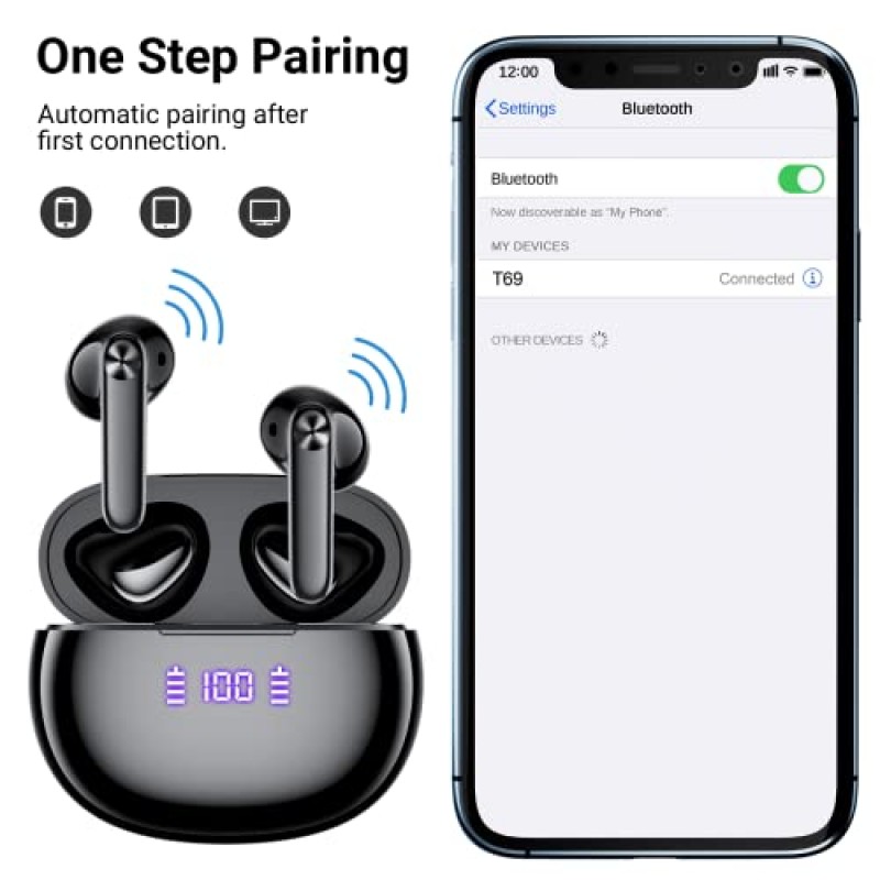 무선 이어버드 블루투스 헤드폰 56시간 재생 스테레오 무선 이어버드(LED 전원 디스플레이 포함) 충전 케이스 이어폰 IPX7 마이크 포함 방수 이어버드(마이크 포함)로 선명한 통화 가능