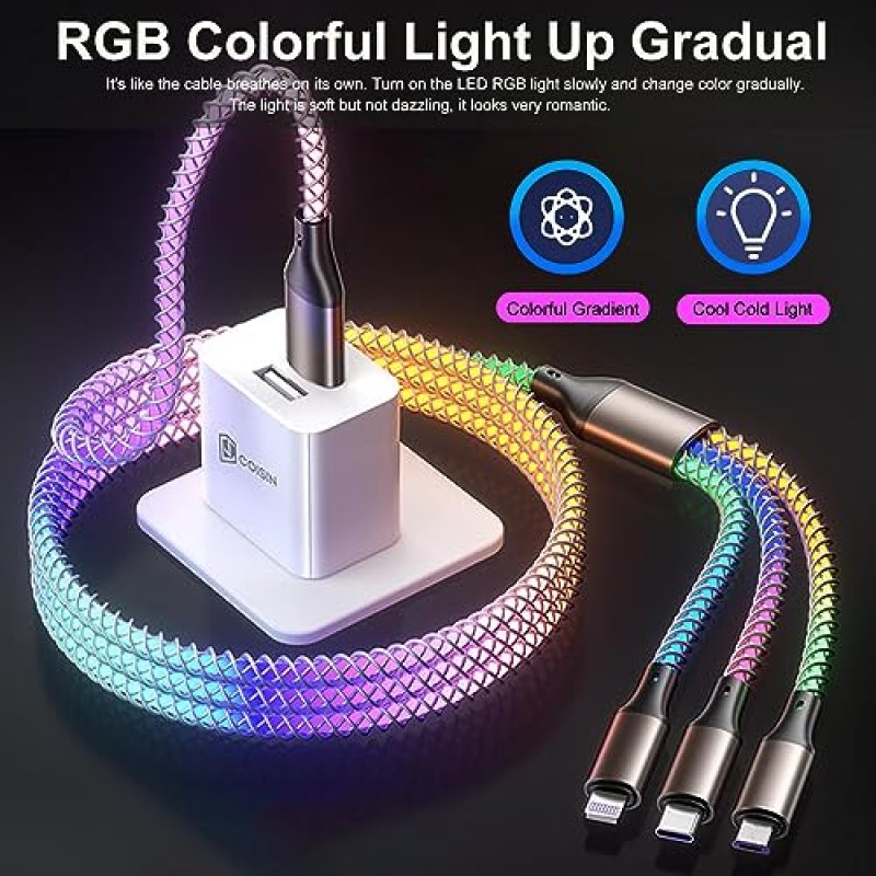 KINDRM Led 다중 충전 케이블, 3in1 4피트 RGB 라이트 UP 점진적 USB - 번개/마이크로 USB/Type-C 다중 충전기 케이블 iPhone, Samsung Galaxy, LG, 태블릿 및 대부분의 휴대폰용 6A 고속 충전 코드