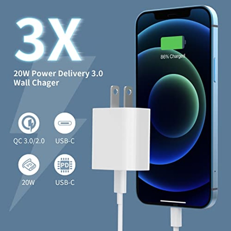 3팩 USB C 충전기 블록 20W [Apple MFi 인증], iGENJUN PD 3.0 Type C 충전기 벽 충전기 USBC 전원 어댑터 브릭 큐브 고속 충전기(iPhone 15/15 Pro/14/13, Galaxy, Pixel, AirPods Pro-White용)