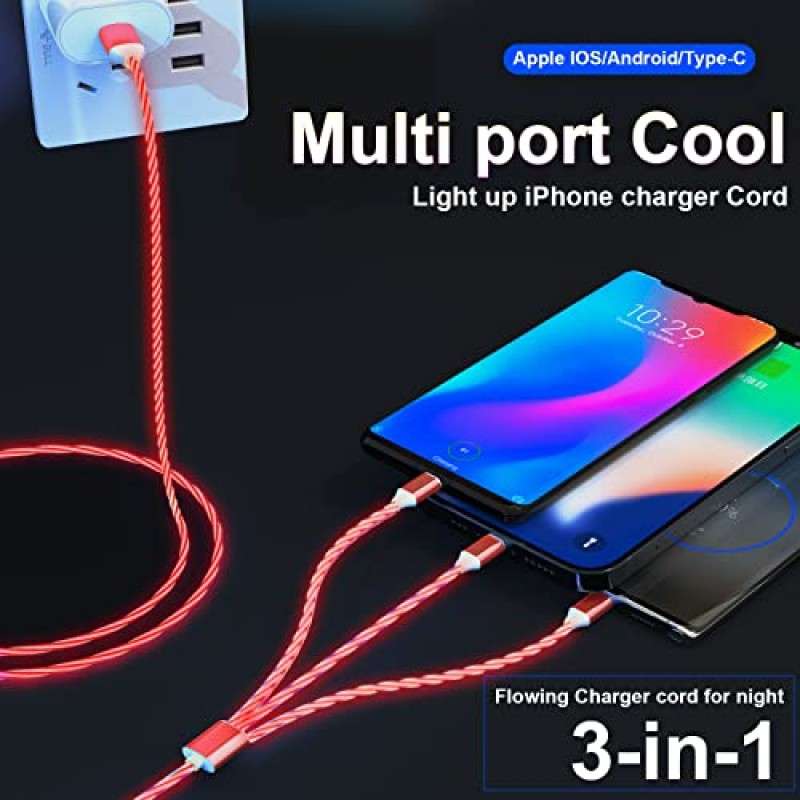 4피트 LED 조명 흐르는 멀티 3 in 1 USB 범용 iPhone 충전 케이블 번개+타입 C+마이크로 USB LED 전화 충전기 코드 Android/Apple/Samsung/LG/Google Pixel용 자동차 LED 조명 충전기 어댑터