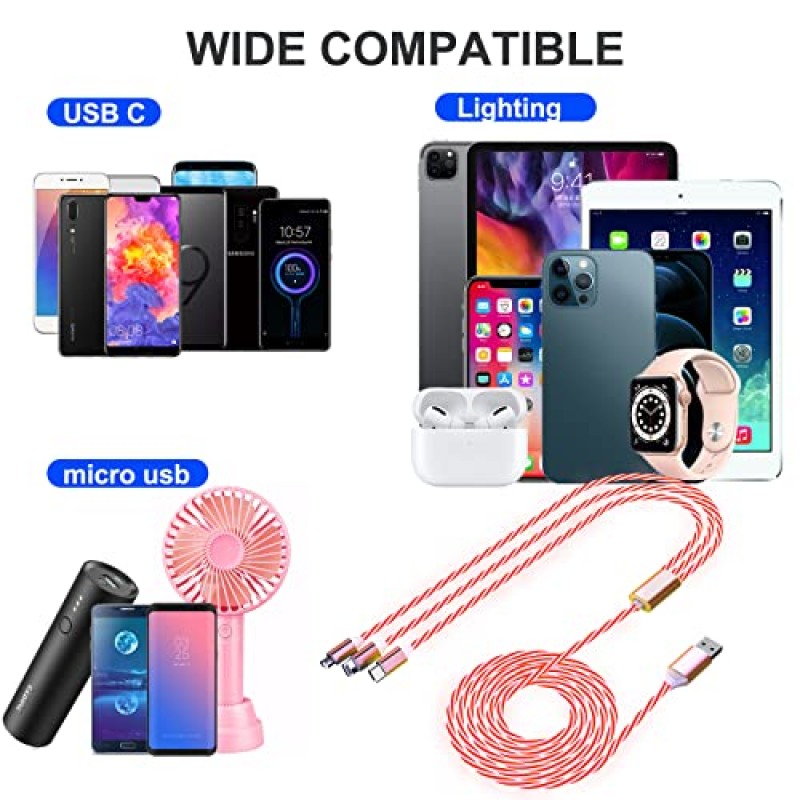 4피트 LED 조명 흐르는 멀티 3 in 1 USB 범용 iPhone 충전 케이블 번개+타입 C+마이크로 USB LED 전화 충전기 코드 Android/Apple/Samsung/LG/Google Pixel용 자동차 LED 조명 충전기 어댑터