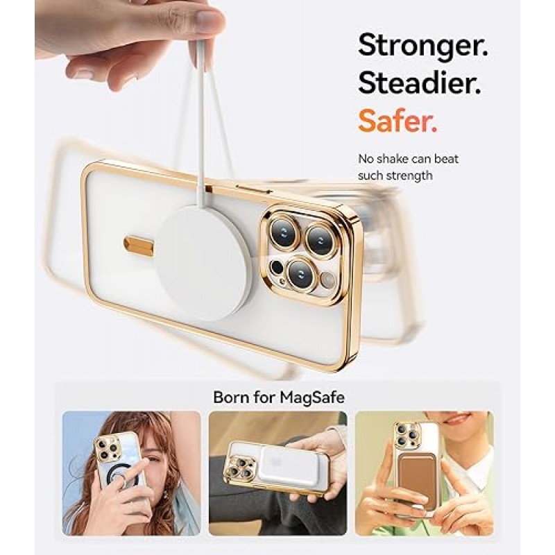 iPhone 15 Pro용으로 디자인된 Meifigno Candy Mag 시리즈 케이스, [MagSafe와 호환] [반짝이는 카드 및 손목 스트랩] iPhone 15 Pro 케이스 여성용으로 디자인된 전체 카메라 렌즈 보호, 브론즈 골드