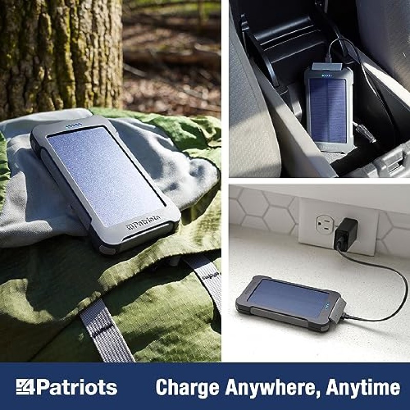 4Patriots Patriot Power Cell CX: 휴대용 태양광 파워 뱅크 - 3개의 USB 포트가 있는 충전식 외부 배터리, 8,000mAh 리튬 이온 배터리, LED 손전등, 캠핑, 하이킹 또는 응급 상황에 적합