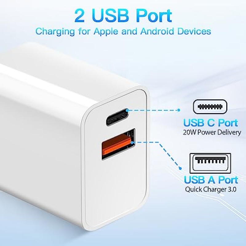 [2 팩] USB C 벽면 충전기 블록, Apple Watch 충전기 블록, 20W 듀얼 포트 고속 iPhone 충전기 블록, iPhone 15/15 Pro/15 Pro Max/15 Plus/14/13/12/11용 PD 전원 어댑터 충전 블록, XS/X, 아이패드