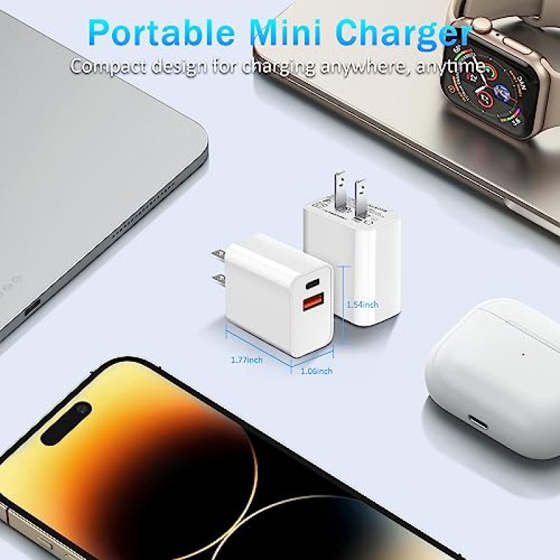 [2 팩] USB C 벽면 충전기 블록, Apple Watch 충전기 블록, 20W 듀얼 포트 고속 iPhone 충전기 블록, iPhone 15/15 Pro/15 Pro Max/15 Plus/14/13/12/11용 PD 전원 어댑터 충전 블록, XS/X, 아이패드