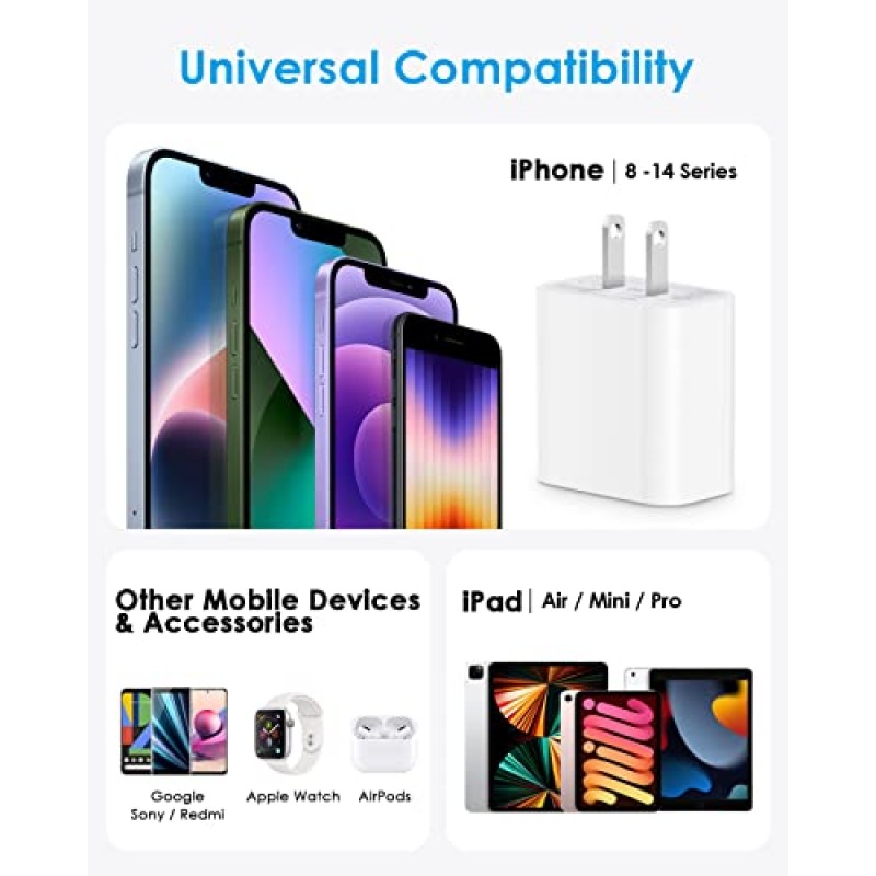 iPhone 충전기 10 FT [MFi 인증] 2팩 iPhone 13 14 충전기 USB C-라이트닝 케이블로 고속 충전, 20W PD USB C 충전기 블록 긴 iPhone 충전기 iPhone 14/13/12/11,iPad와 호환 가능