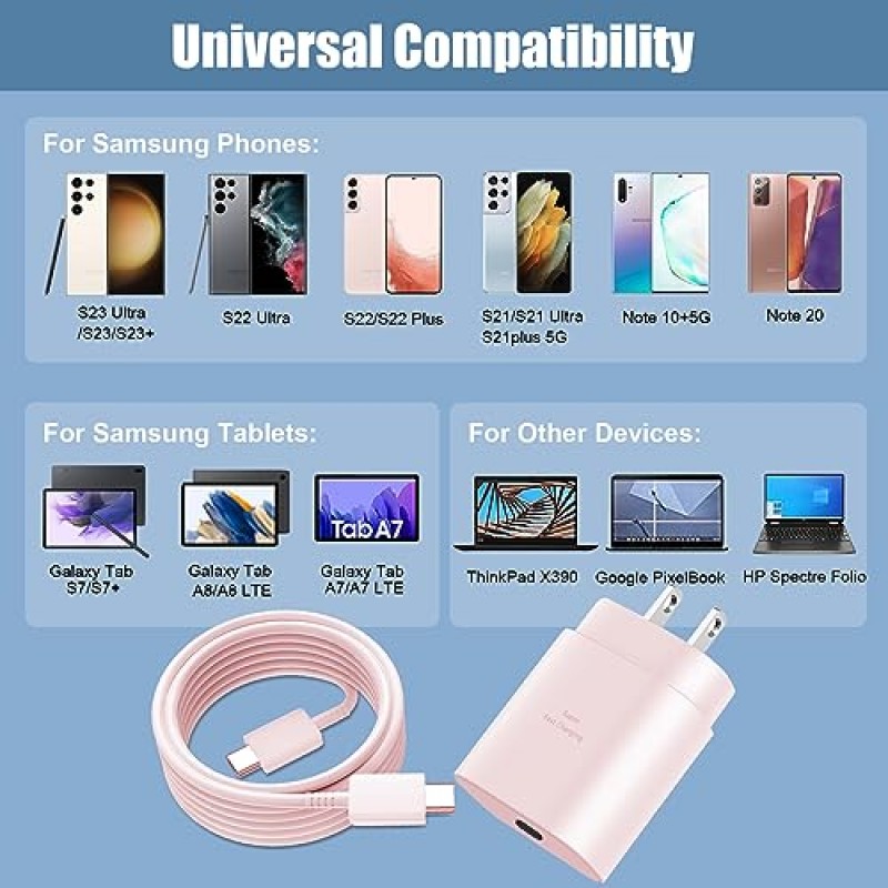 C형 충전기 고속 충전, 25W USB C 충전기 Samsung Galaxy S23 Ultra/S23/S23+/S22/S22 Ultra/S22+/S21Ultra/S20 Ultra(핑크)용 12FT 케이블 코드가 있는 초고속 충전 Android 휴대폰 충전기 블록