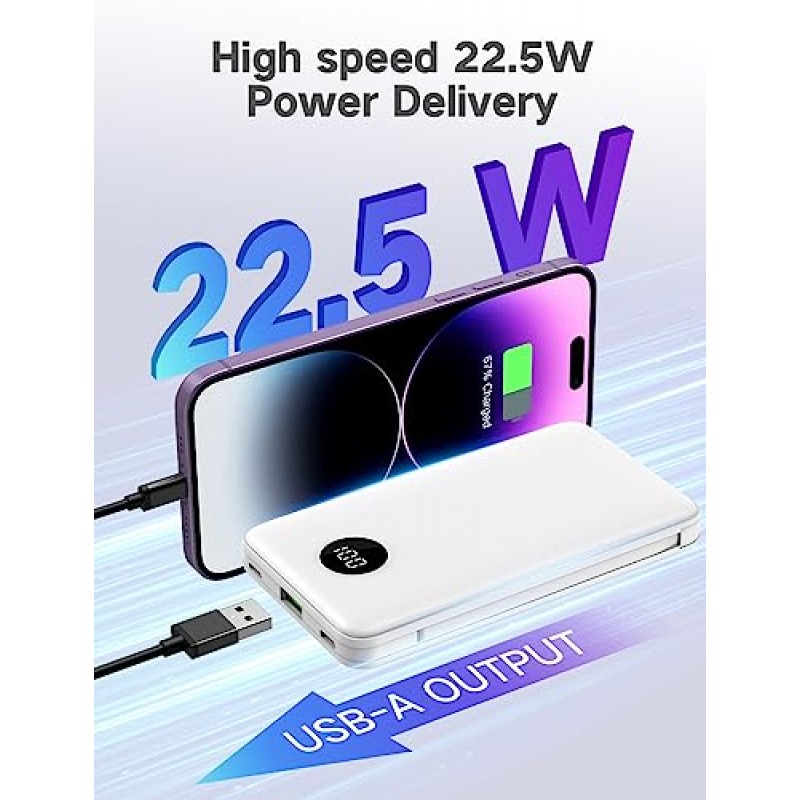 휴대용 충전기12000mAh 외부 배터리 팩, 케이블이 내장된 초슬림 소형 전원 은행, 22.5W USB C 고속 충전 LCD 디스플레이 iphone Android 휴대폰용 휴대용 클러치 충전기(흰색)