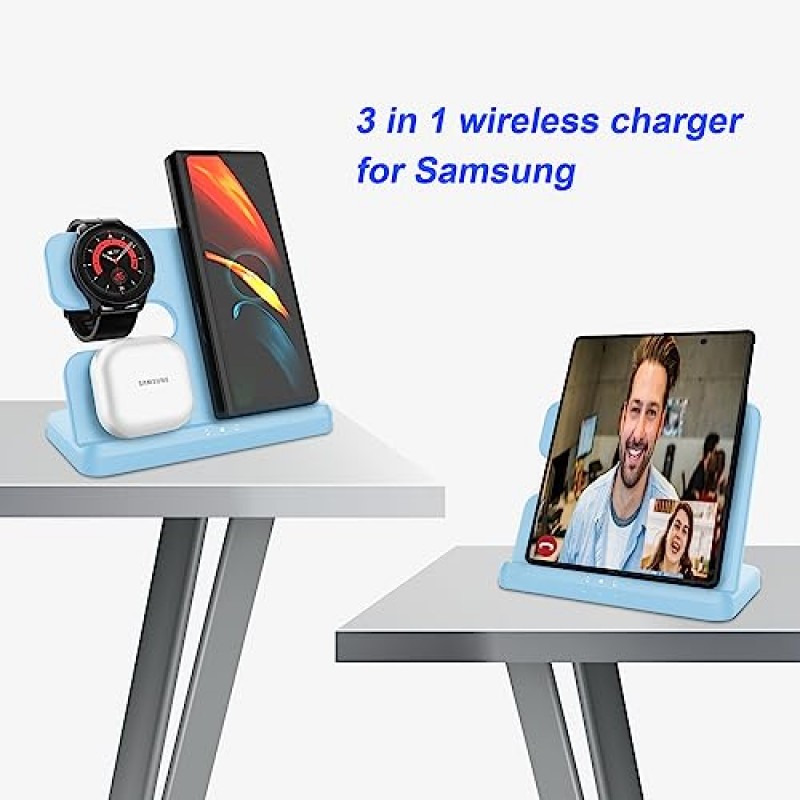 삼성용 충전 스테이션, 안드로이드용 OVISBAI 3 in 1 무선 충전기 Samsung Galaxy Z Fold5 /Z Flip5/S23 Ultrl/S22 Ultra/S23 /S23+/Z Fold 4/Flip 4/S22,Galaxy Watch 6/6 classic/5/5 Pro/4(하늘색)