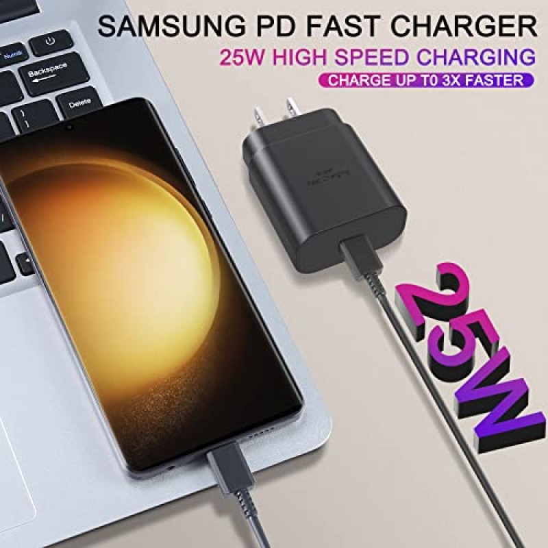 삼성 초고속 충전기, 3팩 유형 C 25W USB C 벽면 충전기 삼성 갤럭시 S23 Ultra/S23+/S23/S22/S22+/S22 Ultra/S21/S20/Note 20/10/용 10FT 긴 유형 C-C 케이블로 고속 충전 Z 접기 3