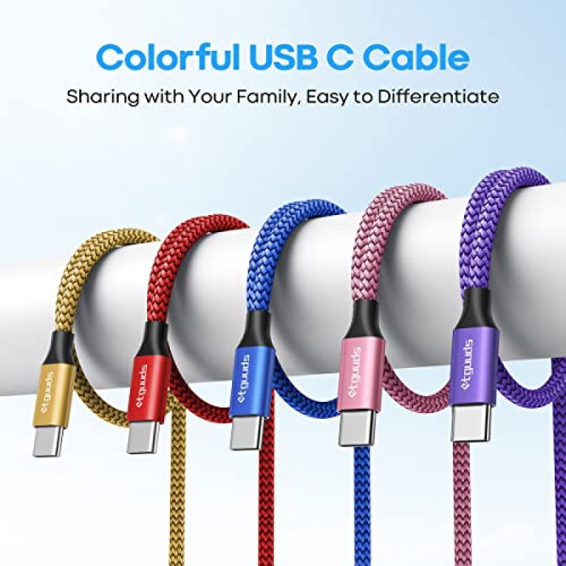 etguuds 컬러 USB C 케이블 6피트, 5팩 USB-USB C 충전기 케이블 고속 충전 USB 유형 C 케이블 삼성 갤럭시 S23 S22 S21 S20 S10 S10E S9 A10e, Note 20 10 9, Z 플립 폴드 4 3, Moto G용 땋은 코드