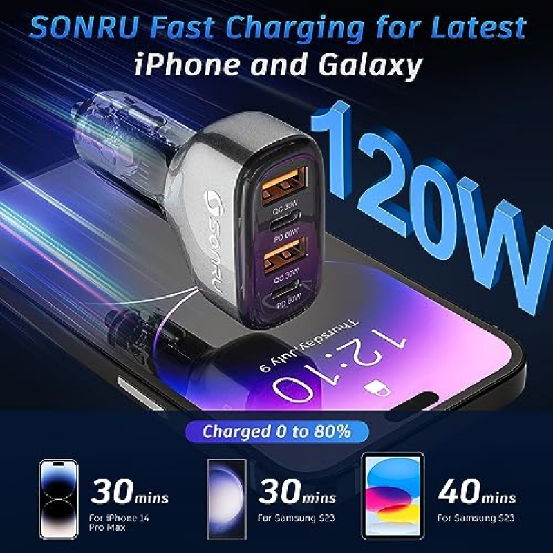 120W USB C 차량용 충전기, SONRU 4 포트 시가 라이터 USB 차량용 충전기 어댑터, [2 PD 60W+2 QC3.0 30W] iPhone 14 Pro Max Galaxy S23/22 Google Pixel LG iPad Air용 고속 충전