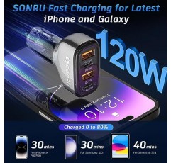 120W USB C 차량용 충전기, SONRU 4 포트 시가 라이터 USB 차량용 충전기 어댑터, [2 PD 60W+2 QC3.0 30W] iPhone 14 Pro Max Galaxy S23/22 Google Pixel LG iPad Air용 고속 충전