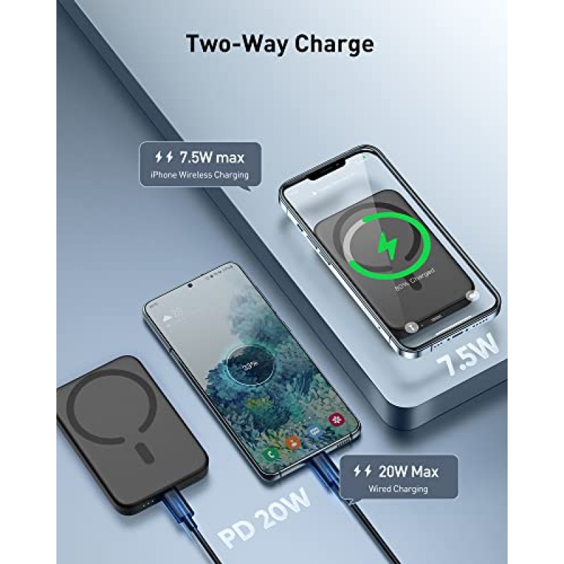 iPhone용 Baseus 자기 보조 배터리, MagSafe용 미니 무선 휴대용 충전기 6000mAh 외장 배터리 팩, iPhone 15 14 13 12 시리즈와 호환되는 USB-C 케이블 포함 PD 20W, 블랙