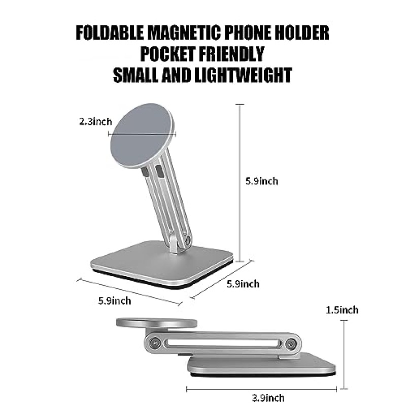 책상용 자석 휴대폰 스탠드, 접이식 및 조절 가능한 책상/가정/사무실용 미끄럼 방지 패드가 있는 자기 휴대폰 홀더 스탠드, iPhone 15/14/13/12와 호환 가능 모든 시리즈/Magsafe 케이스/Android(실버)