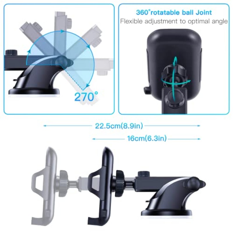 3 in 1 긴 팔 휴대폰 홀더 자동차 마운트 통풍구, 자동차용 흡입 컵 휴대폰 마운트, 자동차 액세서리, 대시보드-앞유리-환풍구에 적합, 조정 가능한 휴대폰 홀더 자동차, 모든 스마트폰과 호환 가능