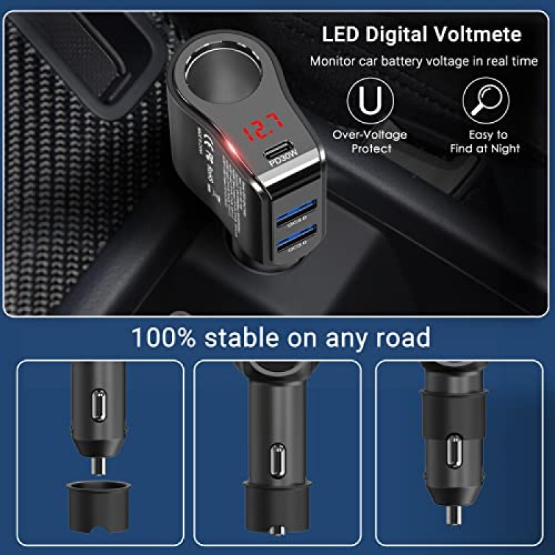 200W PD USB C 차량용 충전기 어댑터: 12V 담배 라이터 소켓 분배기 12볼트 DC 플러그 LED 전압계 스위치가 있는 다중 방향 자동 전원 콘센트 iPhone 삼성 전화 GPS 대시캠용 듀얼 타입 C 포트