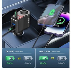 200W PD USB C 차량용 충전기 어댑터: 12V 담배 라이터 소켓 분배기 12볼트 DC 플러그 LED 전압계 스위치가 있는 다중 방향 자동 전원 콘센트 iPhone 삼성 전화 GPS 대시캠용 듀얼 타입 C 포트