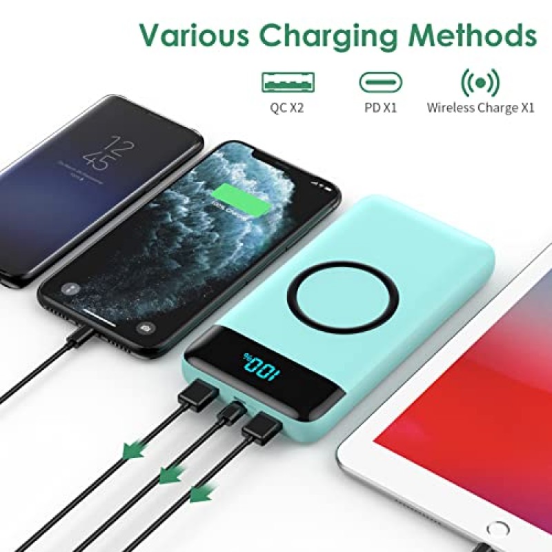 무선 휴대용 충전기 30,800mAh 15W 무선 ​​충전 25W PD QC4.0 고속 충전 스마트 LED 디스플레이 USB-C 전원 은행, 4 출력 및 2 입력 외부 배터리 팩 iPhone, Samsung 등과 호환 가능-녹색