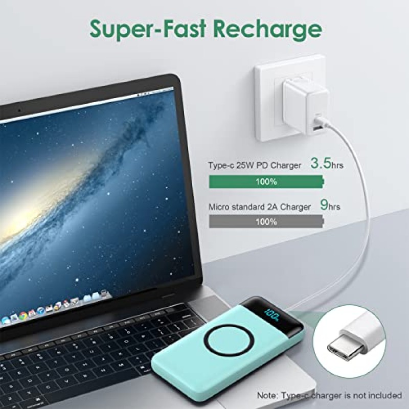 무선 휴대용 충전기 30,800mAh 15W 무선 ​​충전 25W PD QC4.0 고속 충전 스마트 LED 디스플레이 USB-C 전원 은행, 4 출력 및 2 입력 외부 배터리 팩 iPhone, Samsung 등과 호환 가능-녹색