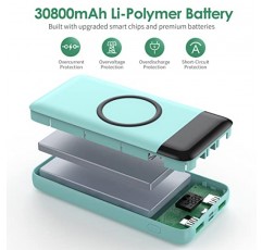 무선 휴대용 충전기 30,800mAh 15W 무선 ​​충전 25W PD QC4.0 고속 충전 스마트 LED 디스플레이 USB-C 전원 은행, 4 출력 및 2 입력 외부 배터리 팩 iPhone, Samsung 등과 호환 가능-녹색