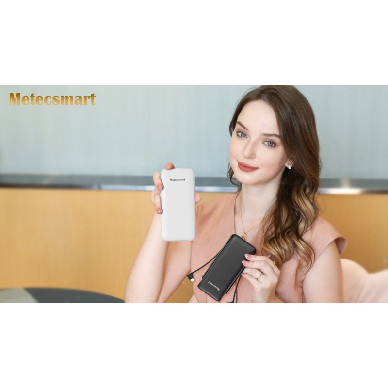 케이블 및 AC 벽면 플러그가 내장된 Metecsmart 휴대용 충전기 보조베터리, 10000mAh 고속 USB C 휴대폰 충전기, 스마트폰 및 모든 USB-C 장치와 호환되는 슬림형 미니 충전 배터리 팩