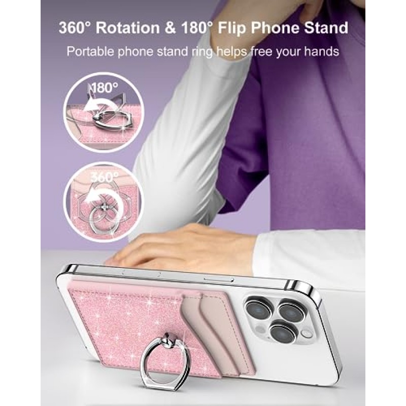 Anfauny MagSafe 휴대폰 지갑 - 360°회전 가능한 가죽 자석 휴대폰 지갑 카드 홀더 링 휴대폰 스탠드 및 RFID 차단 iPhone 15/14/13/12 시리즈 및 MagSafe 케이스와 호환 가능 - 핑크