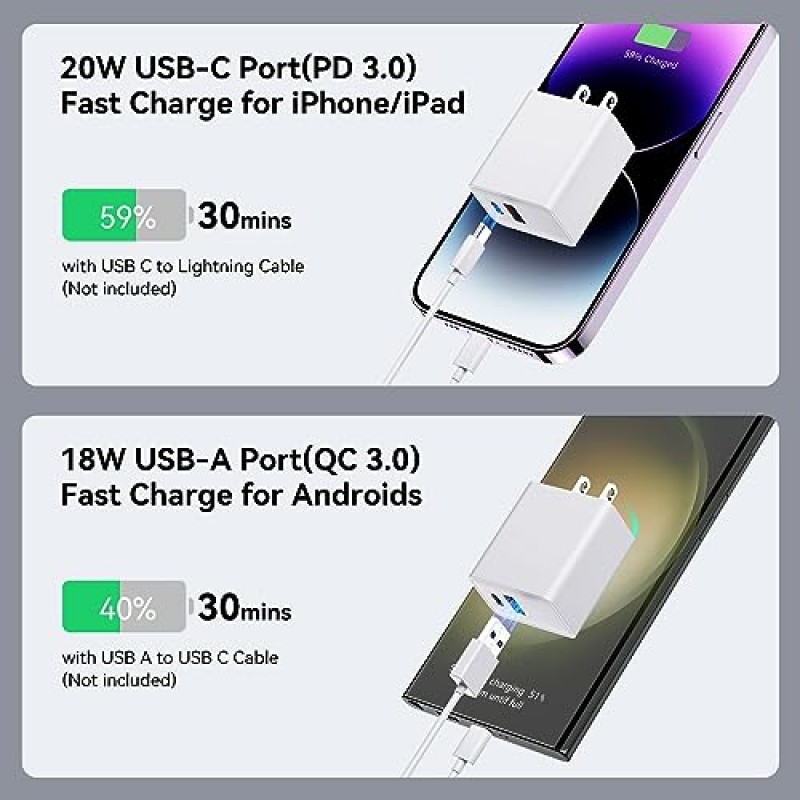 [4 팩] USB C iPhone 15 고속 충전기 블록, 20W 듀얼 포트 USB-C 전원 어댑터, iPhone 15/15 Pro/15 Pro Max/14/14 Pro Max/13/13 Pro Max/용 C형 고속 충전 플러그 큐브 12/iPad Pro/AirPods 등