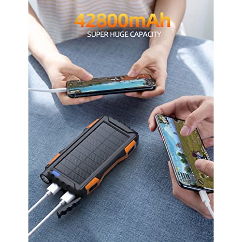 보조 배터리 - 태양광 충전기 - 42800mAh 보조 배터리, 휴대용 충전기, 외부 배터리 팩 5V3.1A Qc 3.0 고속 충전기 내장 슈퍼 브라이트 손전등(밝은 주황색)