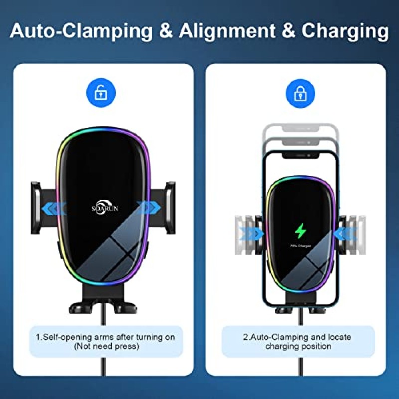 무선 차량용 충전기 마운트, SOARUN [고유한 7가지 색상 LED 동적 백라이트] 15W 무선 ​​고속 충전 차량용 휴대폰 홀더, iPhone 14 Pro 13 12, Samsung S23 Ultra S22용 자동 클램핑 무선 차량용 충전기