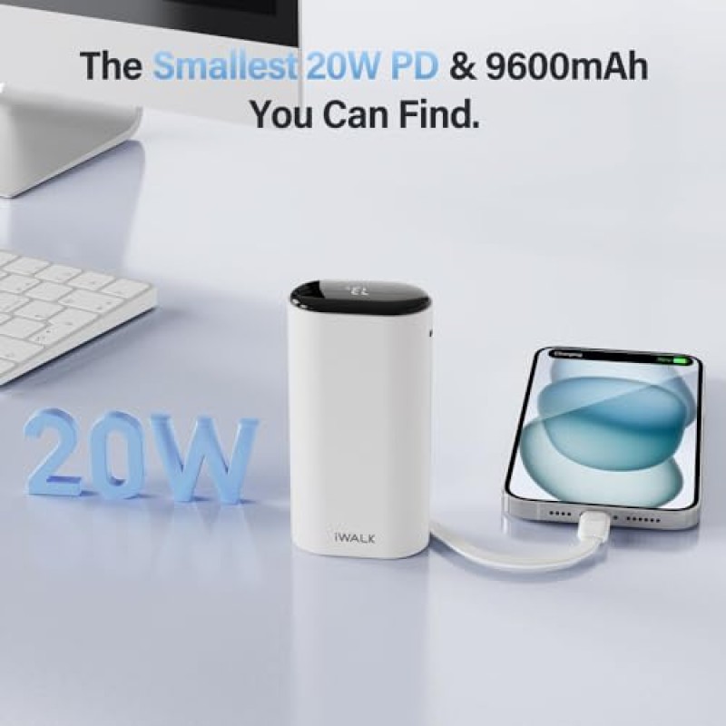 iWALK 휴대용 충전기 9600mAh, USB-C 보조베터리 20W PD 고속 충전, 내장 케이블이 포함된 초소형 휴대용 충전기, iPhone 15, 15 Pro, 15 Pro Max, iPad, AirPods와 호환되는 배터리 팩