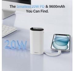 iWALK 휴대용 충전기 9600mAh, USB-C 보조베터리 20W PD 고속 충전, 내장 케이블이 포함된 초소형 휴대용 충전기, iPhone 15, 15 Pro, 15 Pro Max, iPad, AirPods와 호환되는 배터리 팩