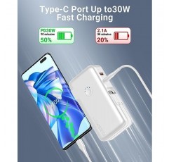 휴대용 충전기 보조 배터리 - 16000mAh 보조 배터리 내장 AC 벽면 플러그 및 케이블, iPhone 및 Android 휴대폰과 대부분의 전자 장치용 PD 30W 및 QC4.0 고속 충전기(흰색)