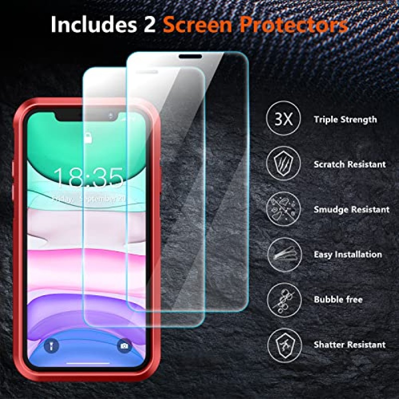 iPhone 11 케이스용 SPIDERCASE 충격 방지,[10 FT 군용 등급 낙하 보호], 2개[강화 유리 화면 보호 장치+카메라 렌즈 보호 장치] 고강도 전신 보호 휴대폰 케이스 포함, 빨간색