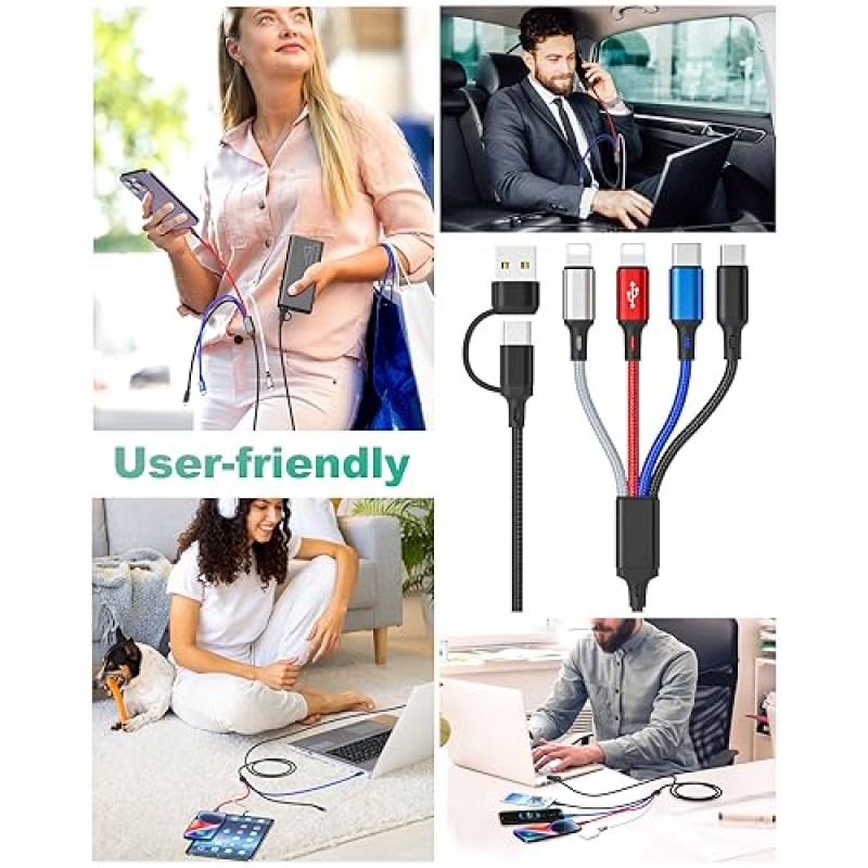 4 in 2 다중 충전 케이블, 3Pack 6FT 다중 USB 케이블, 다중 장치용 충전기 나일론 편조 USB A/C - 2*조명/Typc C/마이크로 USB 포트 휴대폰용 범용 다중 USB 충전기 케이블