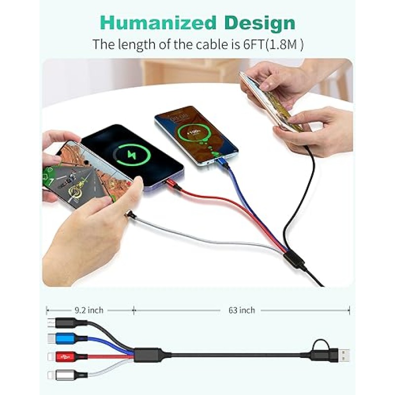 4 in 2 다중 충전 케이블, 3Pack 6FT 다중 USB 케이블, 다중 장치용 충전기 나일론 편조 USB A/C - 2*조명/Typc C/마이크로 USB 포트 휴대폰용 범용 다중 USB 충전기 케이블