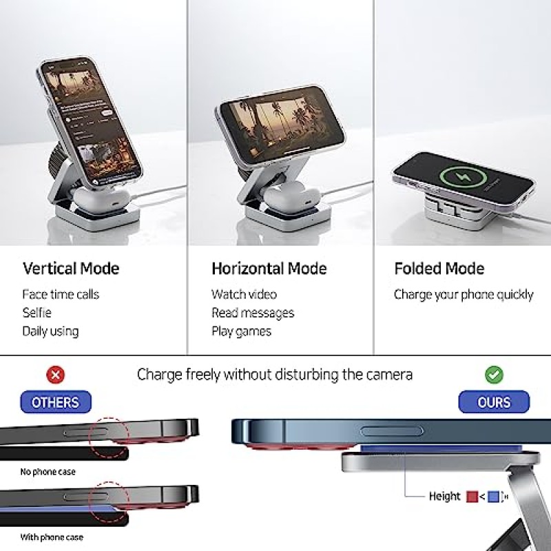 POLIFALL 삼성용 3 in 1 충전 스테이션, Android 다중 장치용 MagSafe Travel 접이식 무선 충전기, Galaxy S23/S22/S21 Note Ultra/Z Flip Fold 5/4/3, Watch 6 Pro/5, Buds