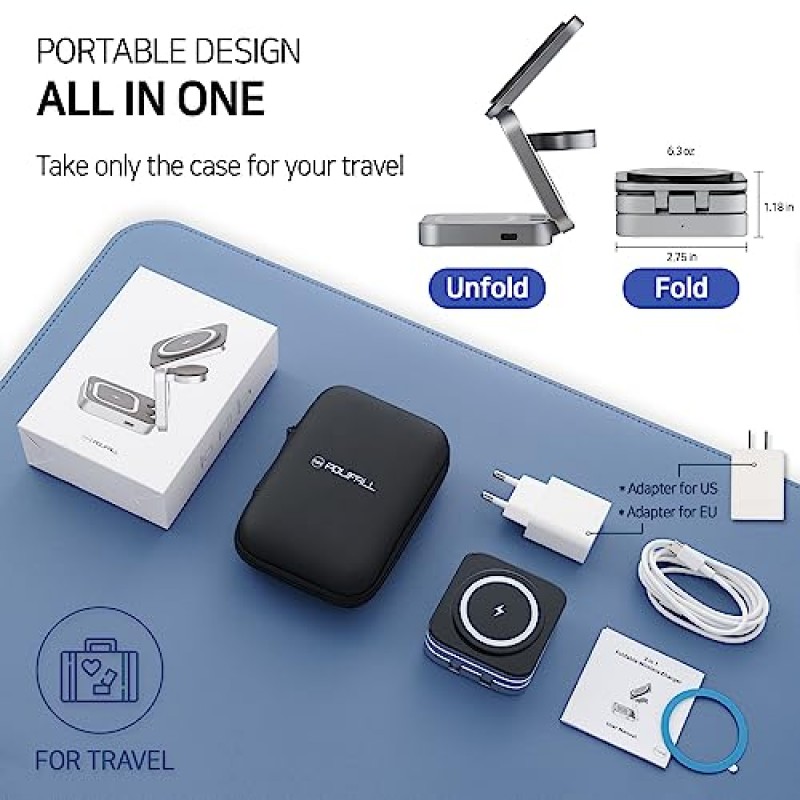 POLIFALL 삼성용 3 in 1 충전 스테이션, Android 다중 장치용 MagSafe Travel 접이식 무선 충전기, Galaxy S23/S22/S21 Note Ultra/Z Flip Fold 5/4/3, Watch 6 Pro/5, Buds