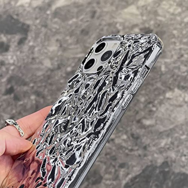 Yebowe iPhone 15 Pro 케이스와 호환 가능, 귀여운 3D Tin Foil Pleated Luxury Phone Cover 여성 소녀 실버 전기 도금 반짝 블링 디자이너 Soft Slim 보호 케이스 for iPhone 15 Pro