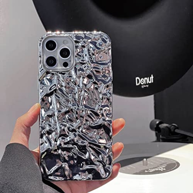 Yebowe iPhone 15 Pro 케이스와 호환 가능, 귀여운 3D Tin Foil Pleated Luxury Phone Cover 여성 소녀 실버 전기 도금 반짝 블링 디자이너 Soft Slim 보호 케이스 for iPhone 15 Pro