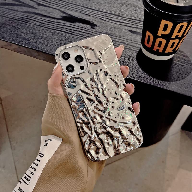 Yebowe iPhone 15 Pro 케이스와 호환 가능, 귀여운 3D Tin Foil Pleated Luxury Phone Cover 여성 소녀 실버 전기 도금 반짝 블링 디자이너 Soft Slim 보호 케이스 for iPhone 15 Pro