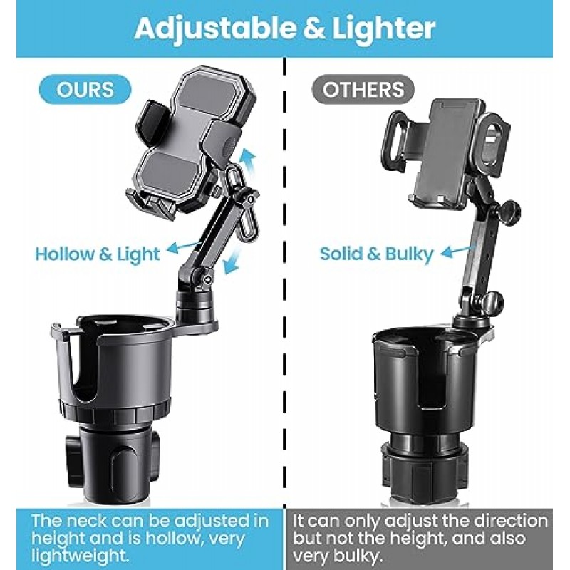 차량용 컵 홀더 휴대폰 거치대, 높이 조절이 가능한 긴 목 휴대폰 거치대(확장 가능한 베이스 포함), iPhone과 호환되는 자동차 트럭 내부 액세서리 Samsung 대부분의 스마트폰 및 음료수 병