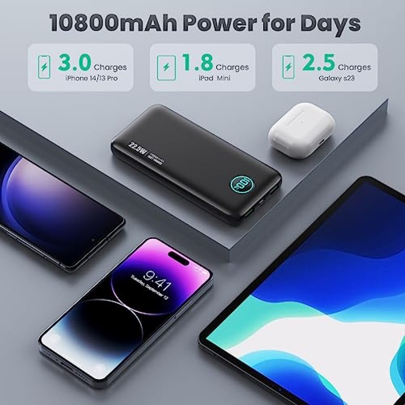 휴대용 충전기 10800mah, 울트라 슬림 22.5W LCD 디스플레이 전원 은행, 듀얼 QC 4.0 PD USB C 고속 충전 배터리 팩, 3 출력 휴대용 전화 충전기 아이폰 삼성 안드로이드 전화 등과 호환 가능