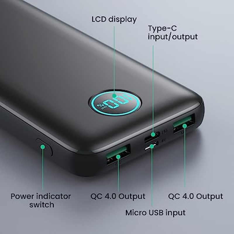 휴대용 충전기 10800mah, 울트라 슬림 22.5W LCD 디스플레이 전원 은행, 듀얼 QC 4.0 PD USB C 고속 충전 배터리 팩, 3 출력 휴대용 전화 충전기 아이폰 삼성 안드로이드 전화 등과 호환 가능