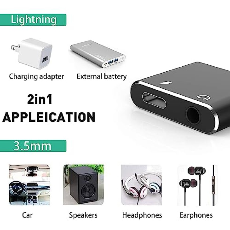 iPhone용 2팩 헤드폰 어댑터 [Apple MFi 인증], 2 in 1 Lightning-3.5mm Aux 오디오 어댑터 동글 충전기 분배기 iPhone 14/13/12/11/XS/XR/X/8/7용 iPhone 액세서리, 모든 iOS 지원