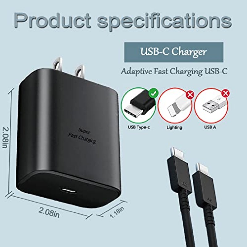 45W 삼성 초고속 충전 유형 C 벽 충전기 USB-C 삼성 갤럭시 S23 울트라/S23+/S23/S22/S22 울트라/S22+/S21/Note 10/20,Tab S7/S8용 6.6FT C 유형 케이블이 포함된 안드로이드 전화 충전기 블록 (검은색)