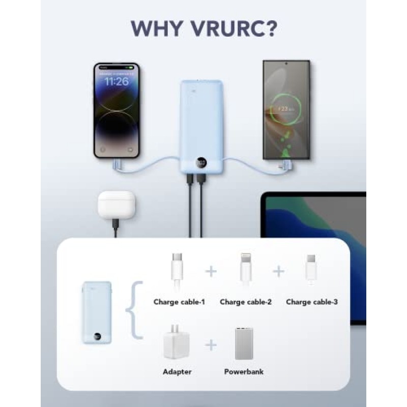 VRURC 휴대용 충전기 내장 케이블 및 AC 벽면 플러그, USB C 전원 은행 10000mAh, [2023 업그레이드 버전] 휴대폰 충전기 스마트폰, 태블릿 등을 위한 소형 경량 외장 배터리 팩-블루