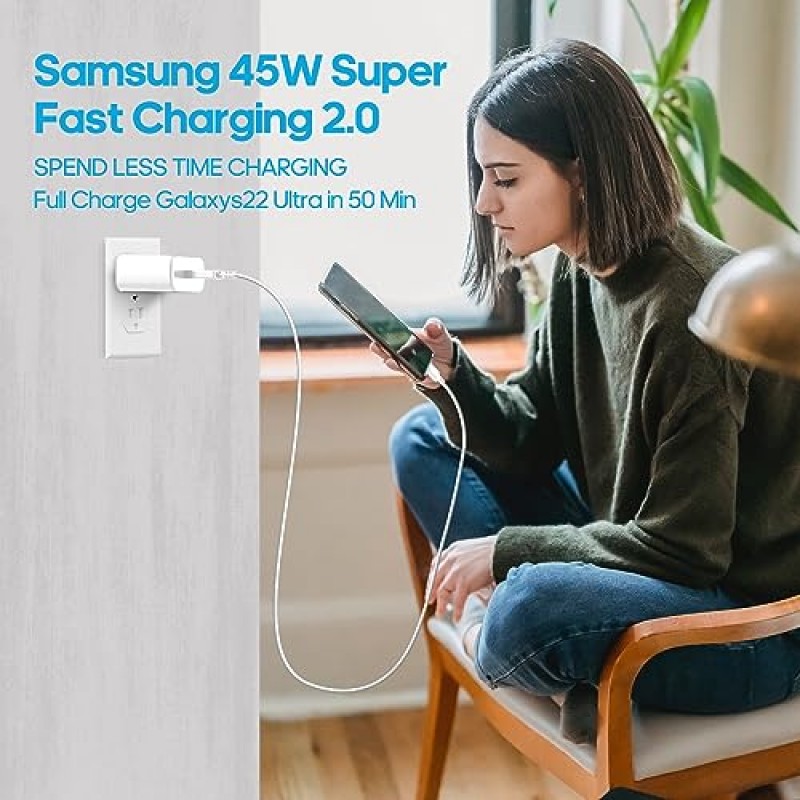 삼성 45W USB-C 초고속 충전기 유형 C 안드로이드 폰 삼성 갤럭시 S23 울트라/S23/S23+/S22 울트라/S22/S21/S20/노트 10/20, 갤럭시 탭 S8, PPS 벽면 충전기용 6.6FT 충전 케이블 블록【2팩 ]