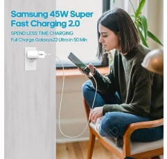 삼성 45W USB-C 초고속 충전기 유형 C 안드로이드 폰 삼성 갤럭시 S23 울트라/S23/S23+/S22 울트라/S22/S21/S20/노트 10/20, 갤럭시 탭 S8, PPS 벽면 충전기용 6.6FT 충전 케이블 블록【2팩 ]