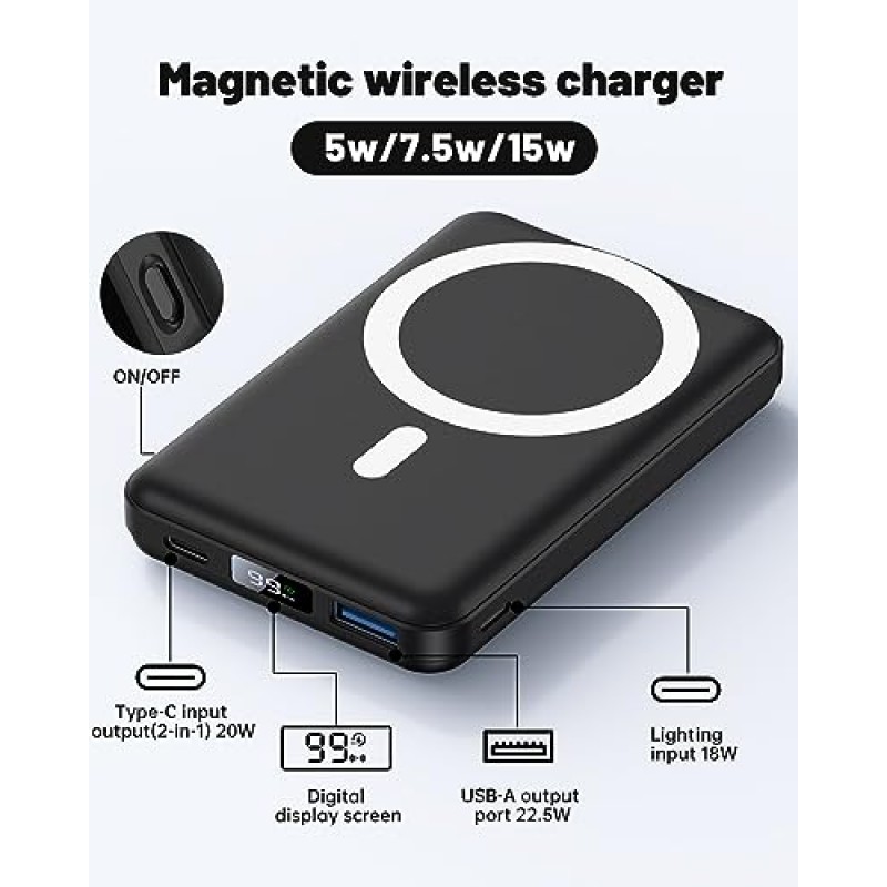 Yiisonger 자기 무선 휴대용 충전기, USB-C 케이블 LED 디스플레이가 포함된 접이식 10000mAh 배터리 팩, iPhone 15/14/13/12/Pro/Mini/Pro Max용 자기 전원 은행 22.5W PD 고속 충전(검은색)